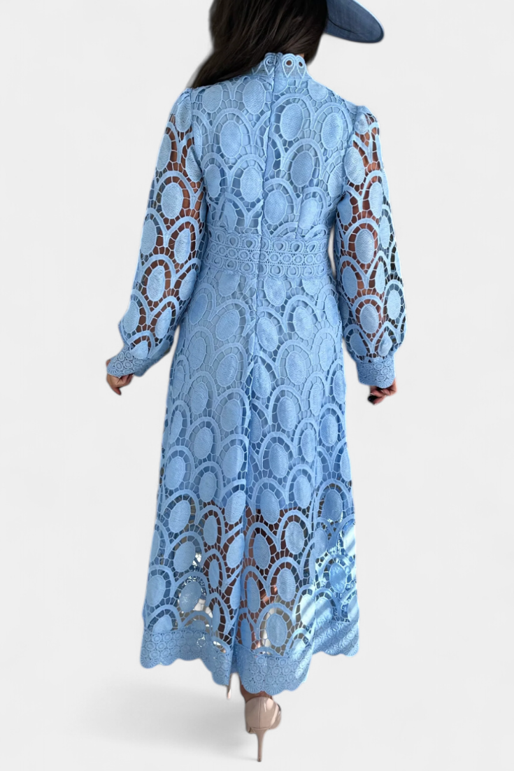 Jovie High Neck Embroidered Lace Midi Dress
