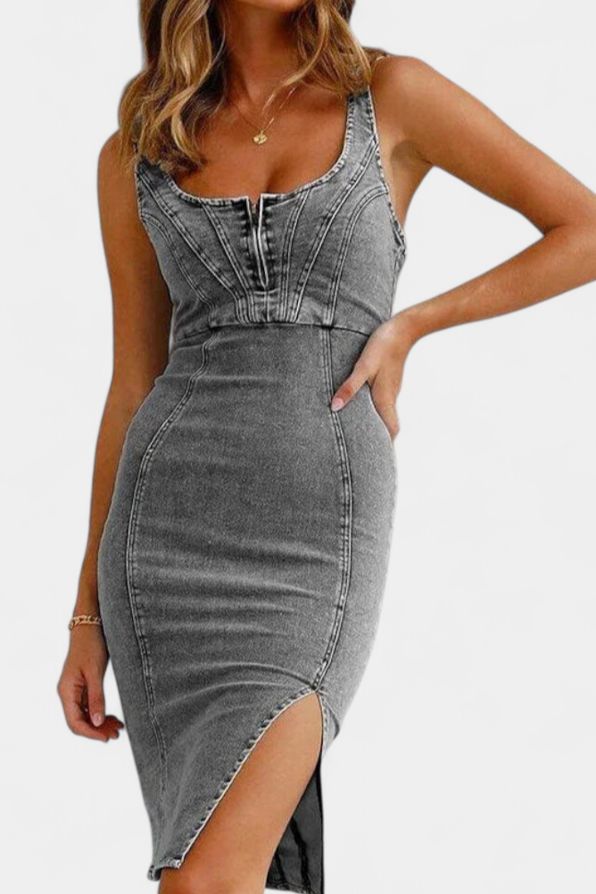 Janessa Denim Dress with Adjustable Straps and Front Slit