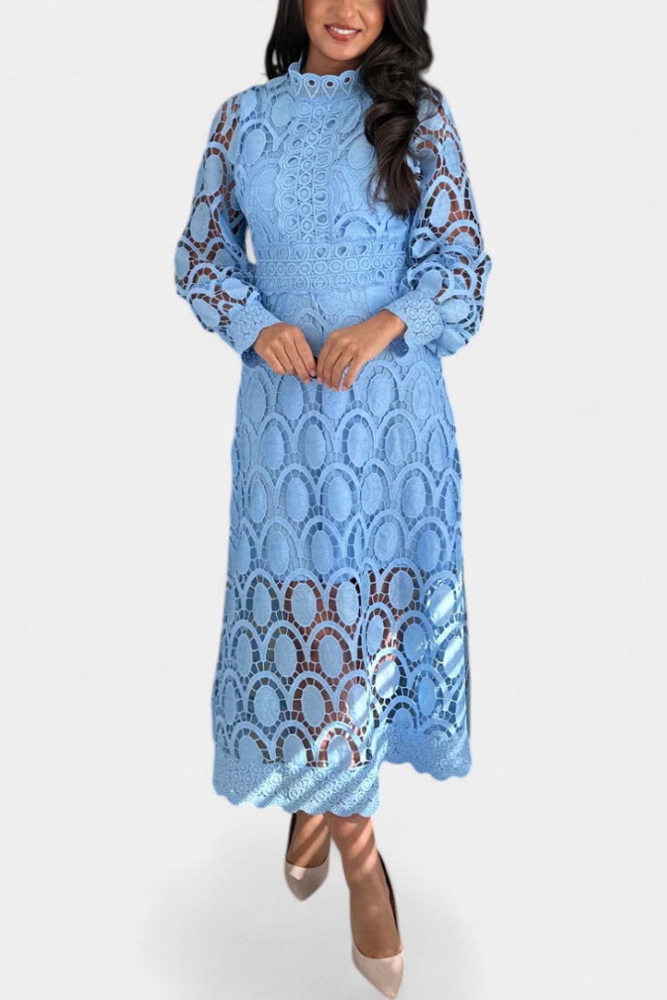 Jovie High Neck Embroidered Lace Midi Dress