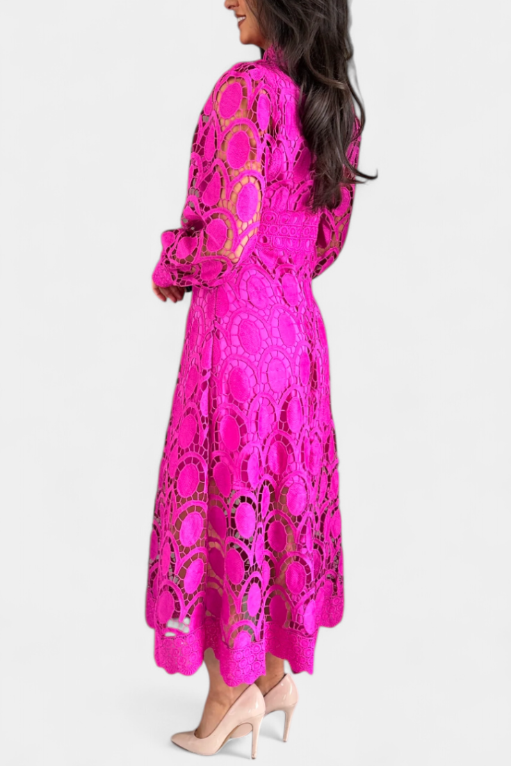 Jovie High Neck Embroidered Lace Midi Dress