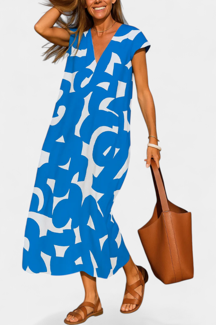 Asela Casual Dress with V-Neckline and Various Prints