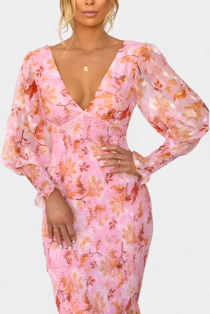 Carly Long Sleeve Floral Dress with Cinched Waist