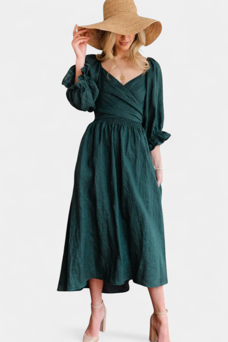 Petra Two-Tier Dress with Ruched Bodice and Puff Sleeves