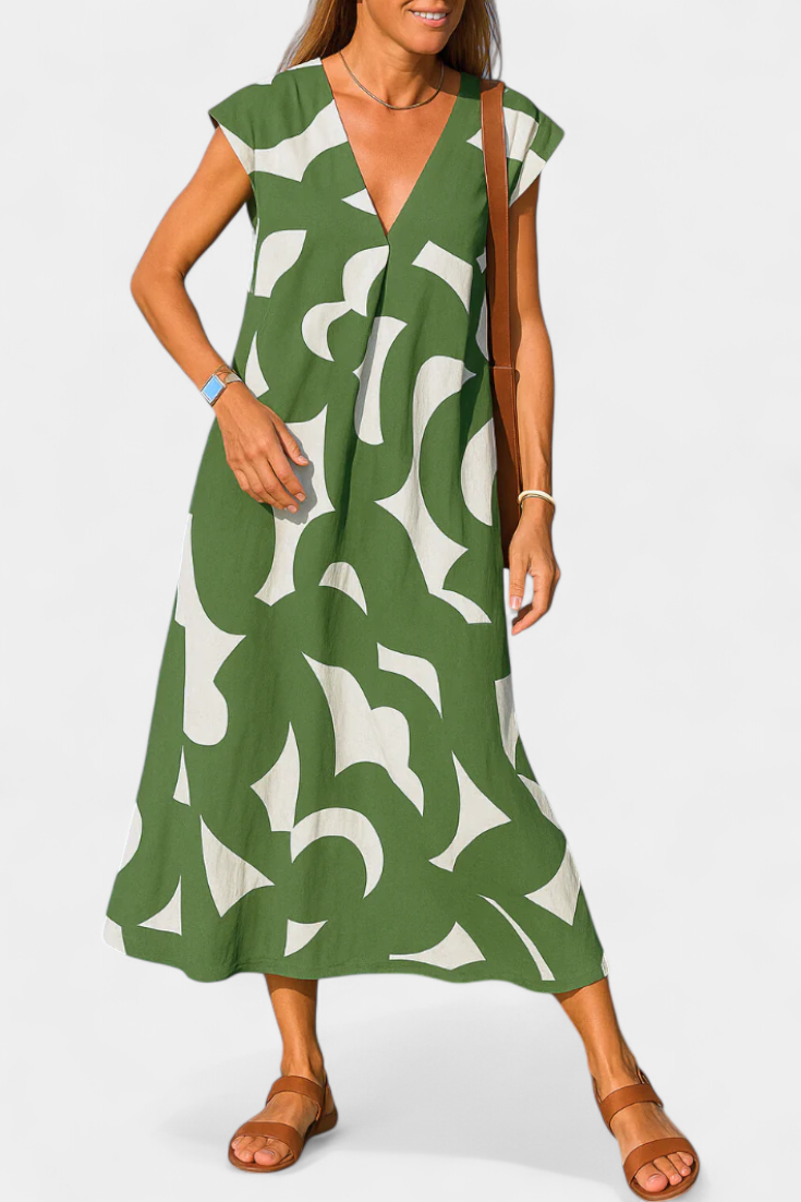 Asela Casual Dress with V-Neckline and Various Prints