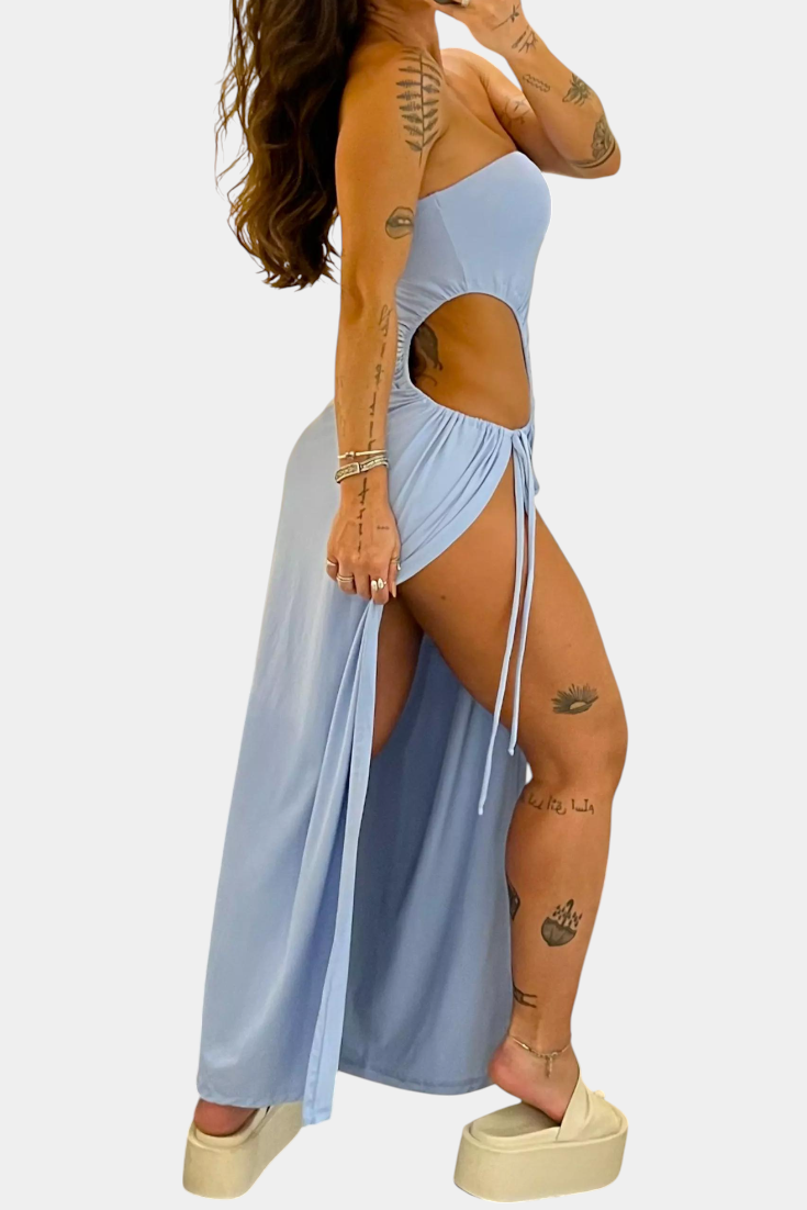 Teuta Strapless Dress with Side Bow and High Slit