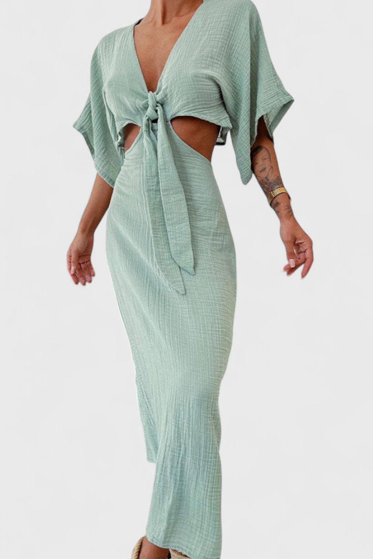 Myra Long Dress with Front Bow and Cut-Out Details