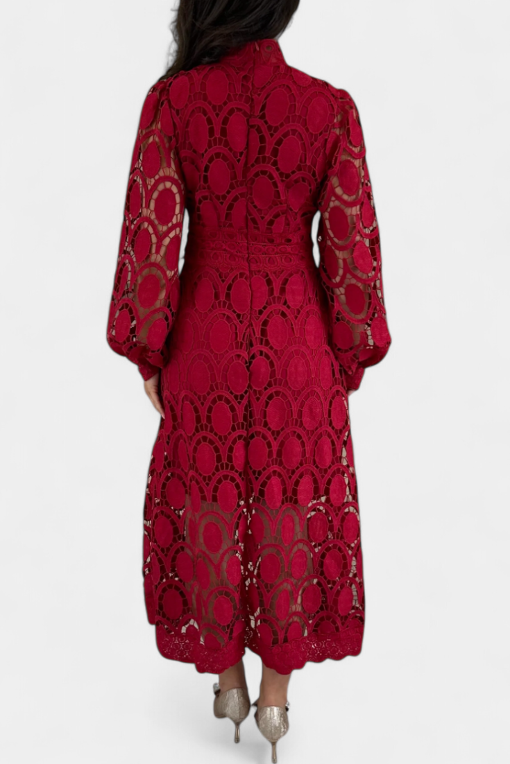 Jovie High Neck Embroidered Lace Midi Dress