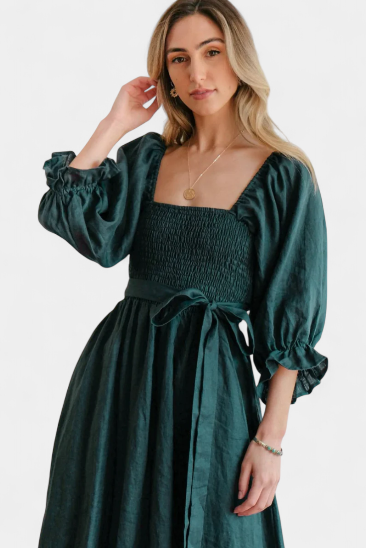 Petra Two-Tier Dress with Ruched Bodice and Puff Sleeves