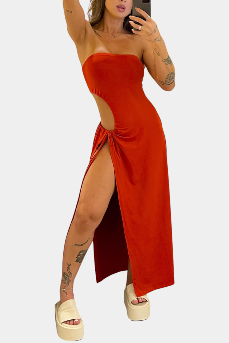 Teuta Strapless Dress with Side Bow and High Slit