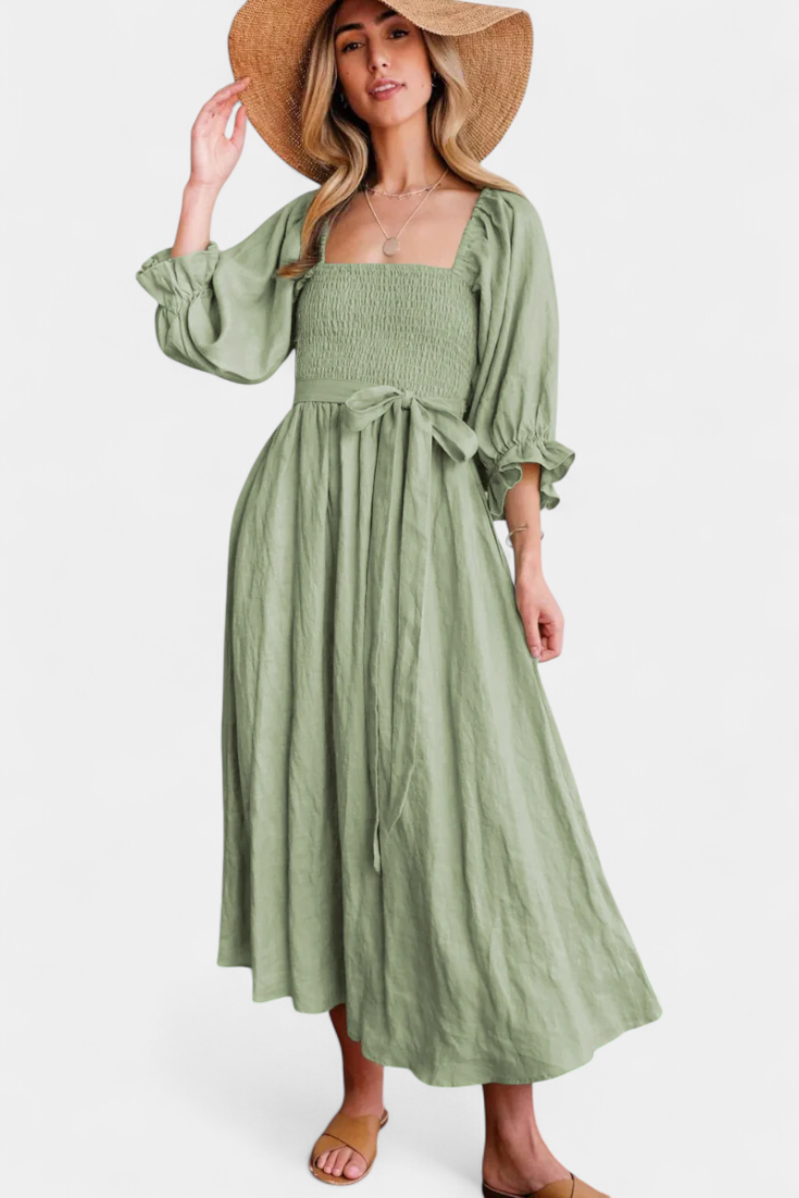 Petra Two-Tier Dress with Ruched Bodice and Puff Sleeves
