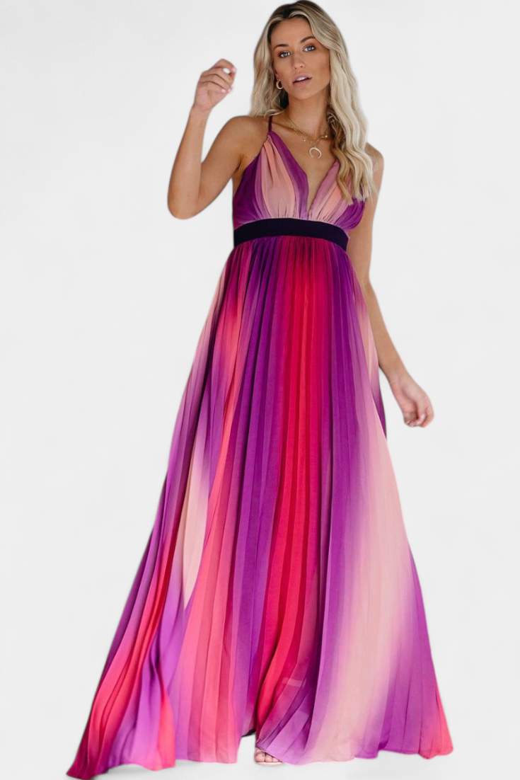 Cecilia Pleated Dress with Open Back and Gradient Design