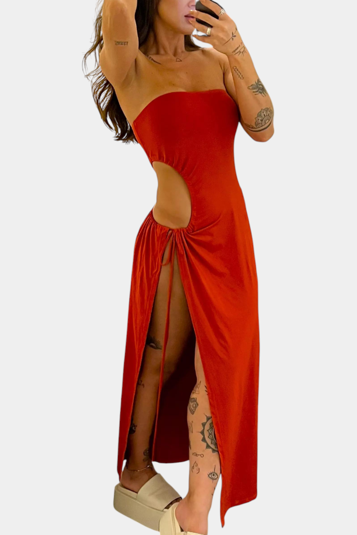 Teuta Strapless Dress with Side Bow and High Slit