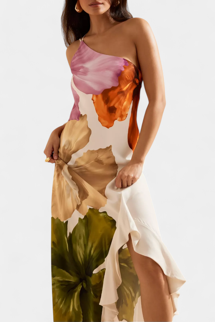 Elegant Almudena Dress with Patchwork Design and Asymmetrical Neck