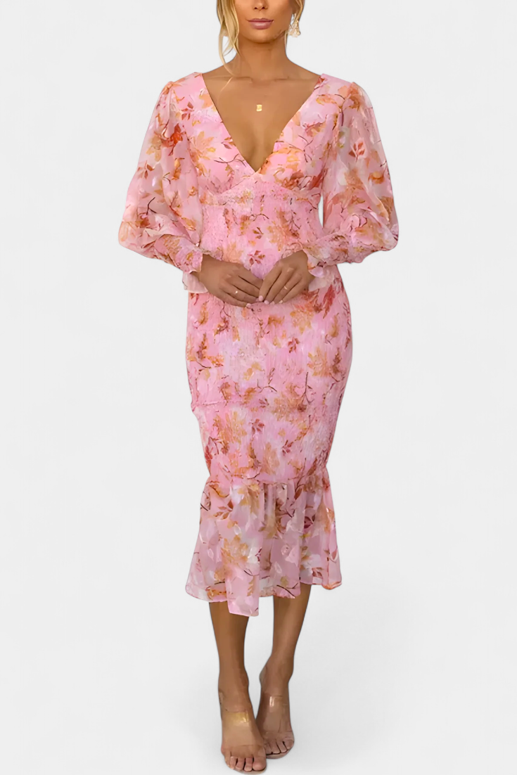 Carly Long Sleeve Floral Dress with Cinched Waist