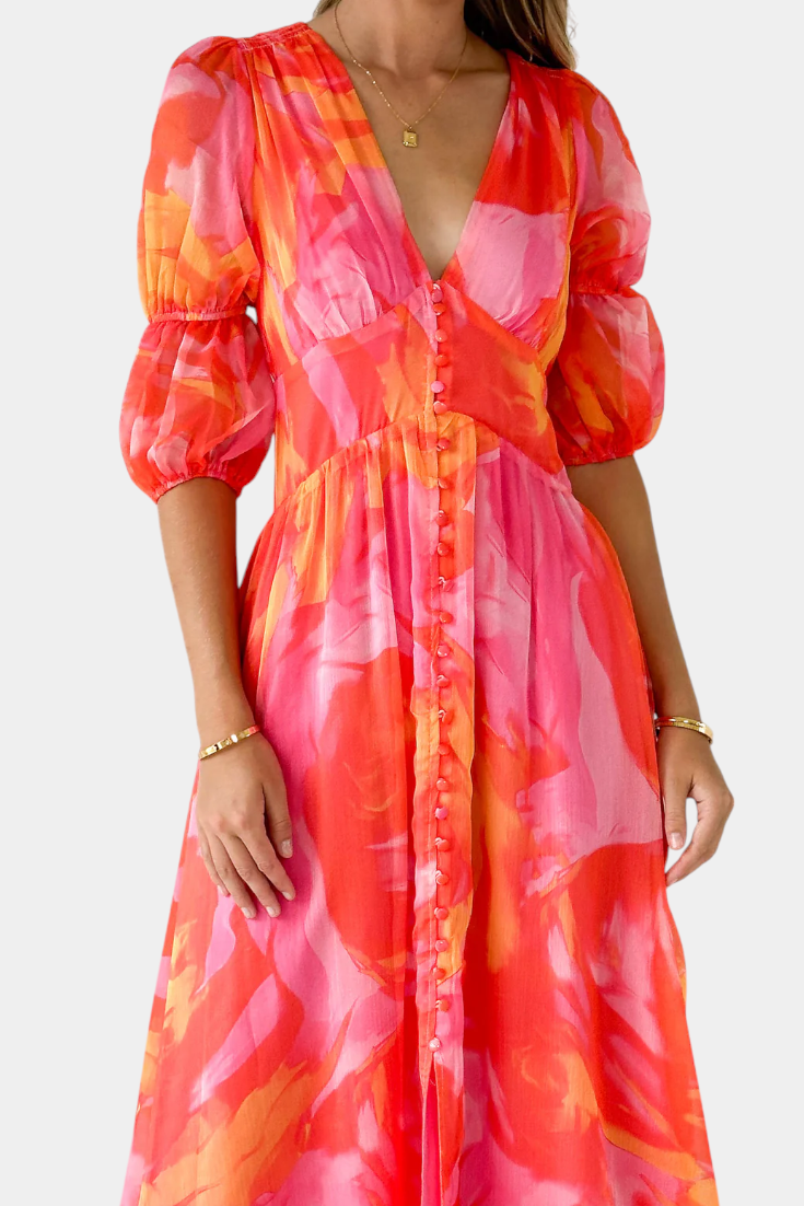 Essja Maxi Dress with Puff Sleeves and V-Neckline