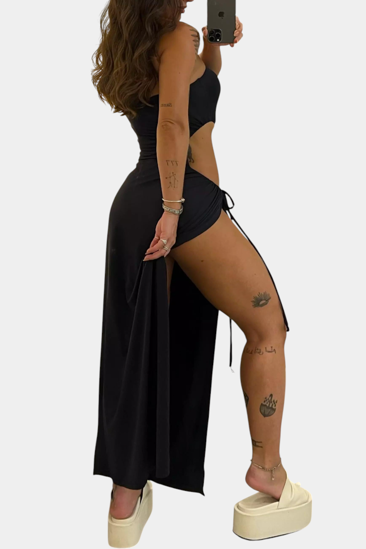 Teuta Strapless Dress with Side Bow and High Slit