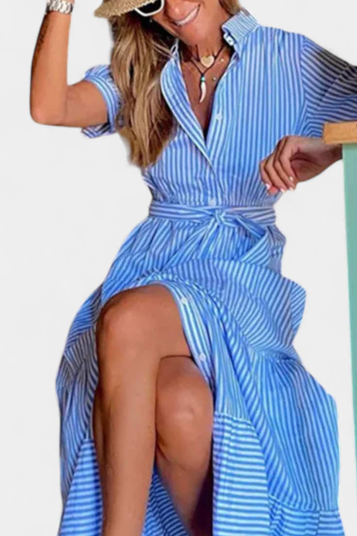 Maya Long Striped Shirt Dress with Belt