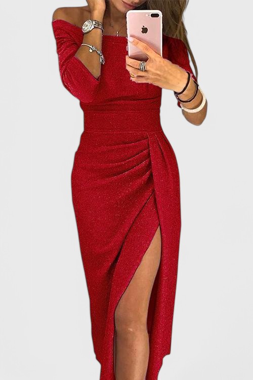 Alexa Off-the-Shoulder Satin Dress with Slit