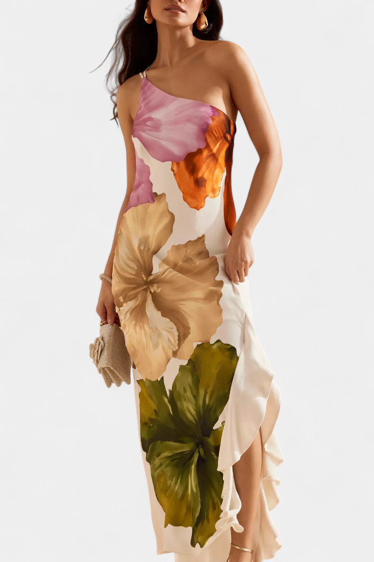 Elegant Almudena Dress with Patchwork Design and Asymmetrical Neck