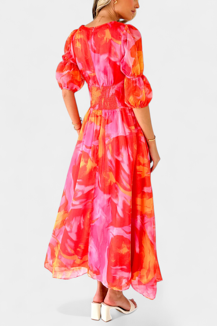 Essja Maxi Dress with Puff Sleeves and V-Neckline