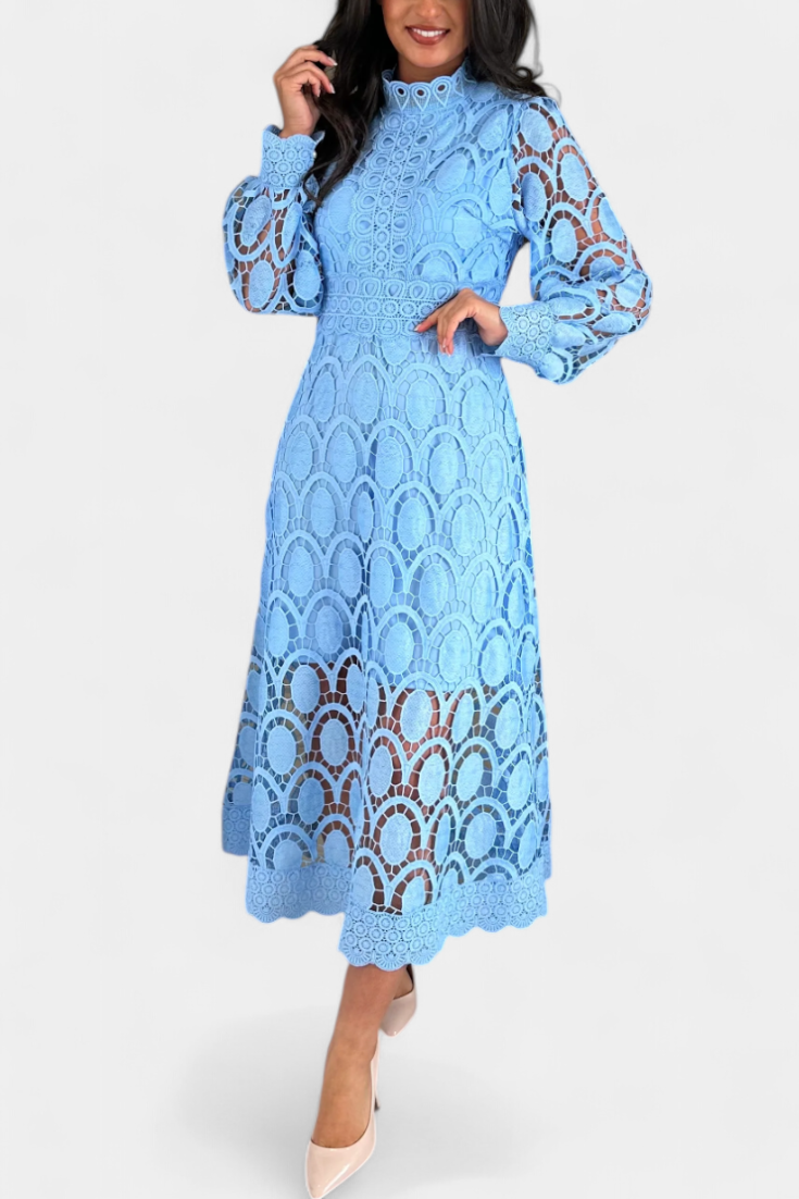 Jovie High Neck Embroidered Lace Midi Dress