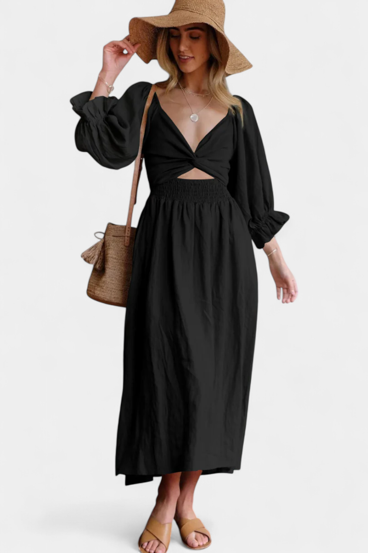 Petra Two-Tier Dress with Ruched Bodice and Puff Sleeves