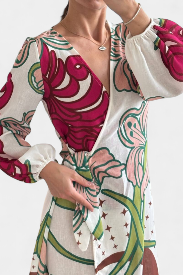 Fana Floral Wrap Dress with Bow Waist