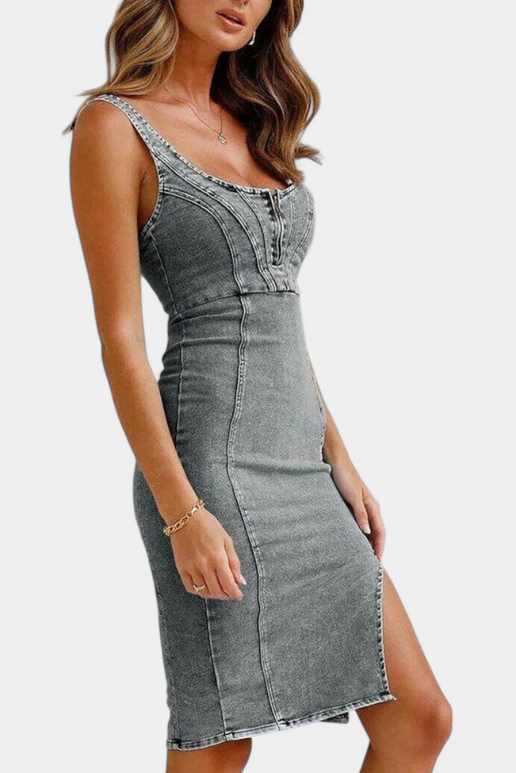 Janessa Denim Dress with Adjustable Straps and Front Slit