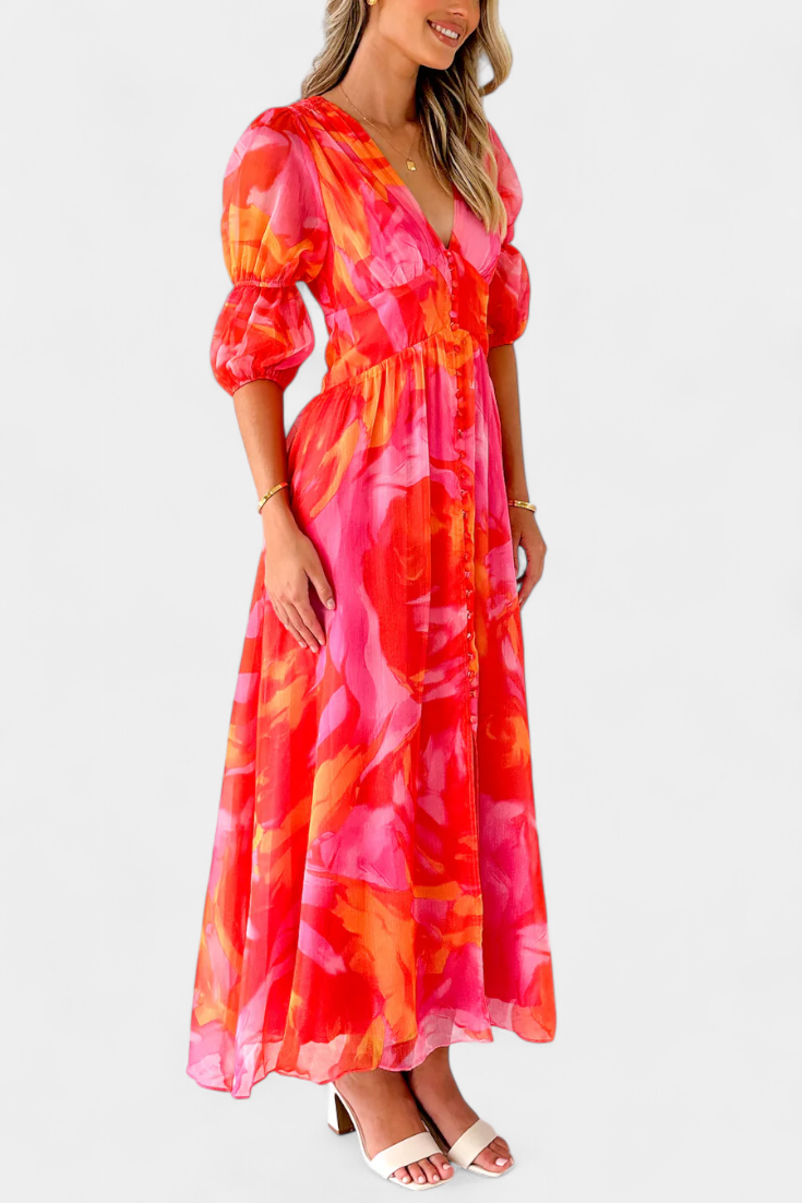 Essja Maxi Dress with Puff Sleeves and V-Neckline