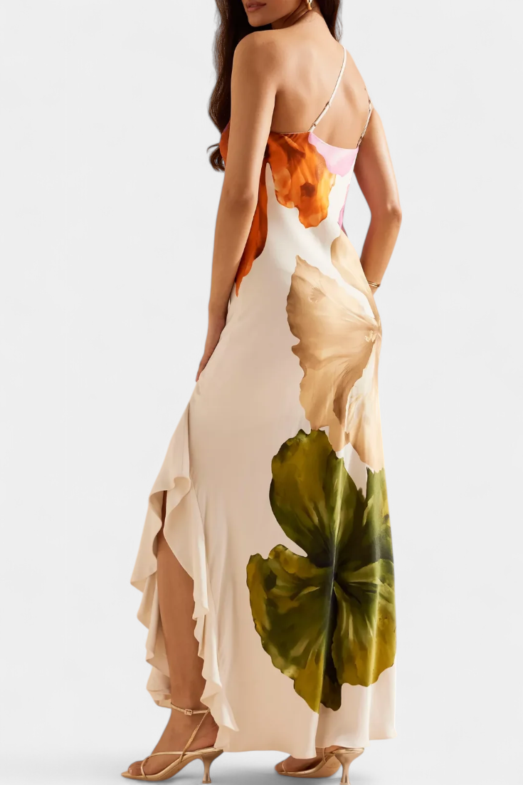 Elegant Almudena Dress with Patchwork Design and Asymmetrical Neck