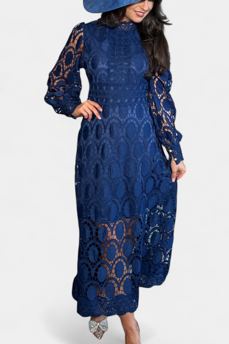 Jovie High Neck Embroidered Lace Midi Dress