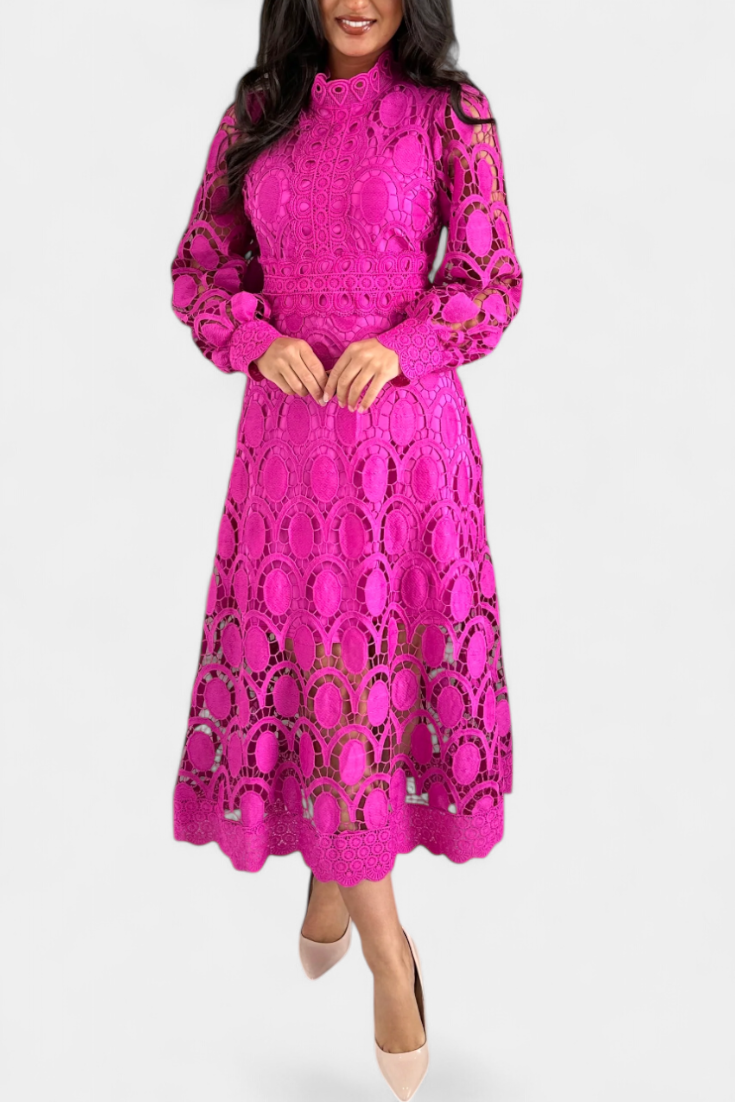 Jovie High Neck Embroidered Lace Midi Dress