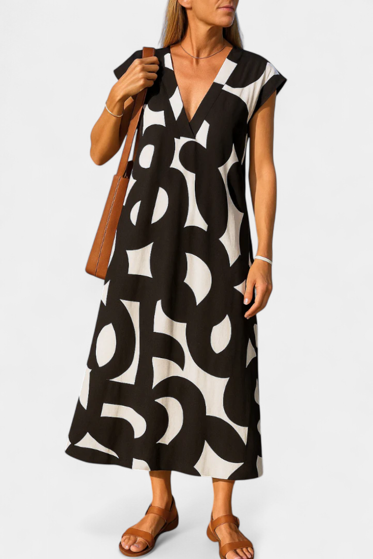 Asela Casual Dress with V-Neckline and Various Prints