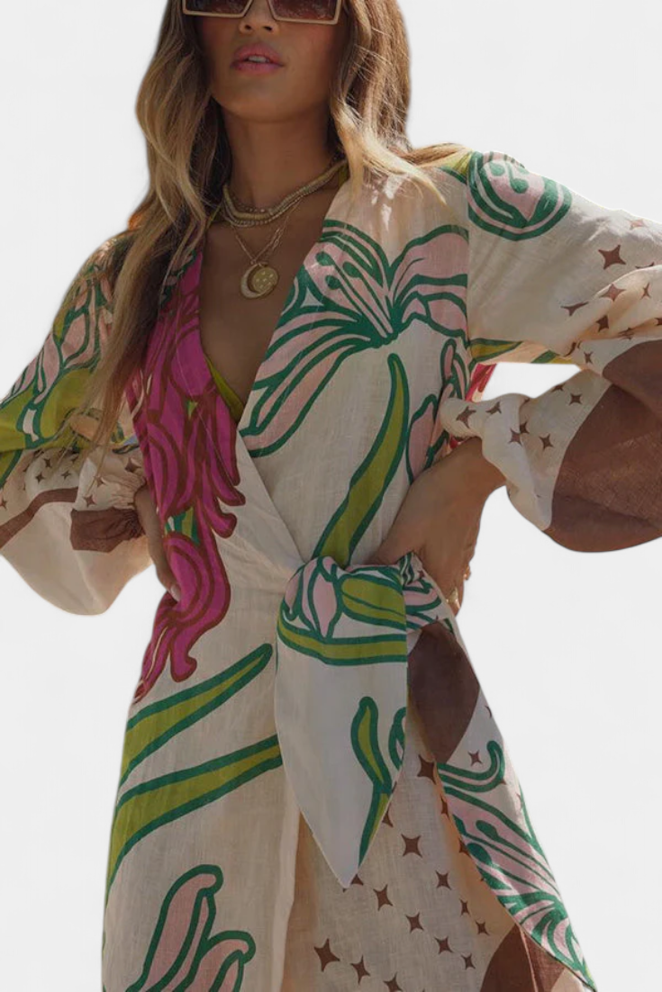 Fana Floral Wrap Dress with Bow Waist