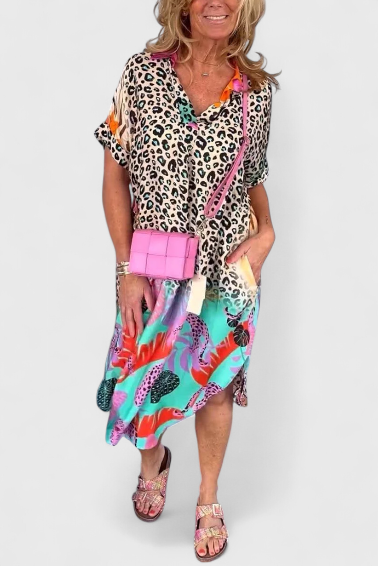 Gala Casual Boho Dress with Leopard Print and V-Neckline
