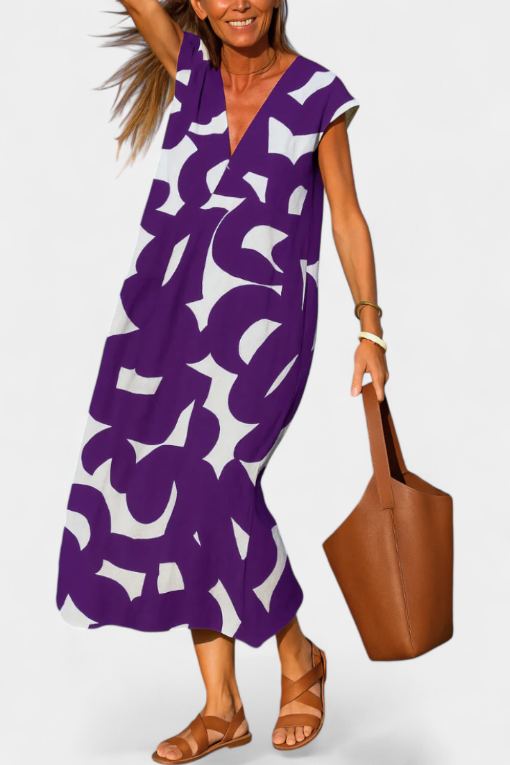 Asela Casual Dress with V-Neckline and Various Prints