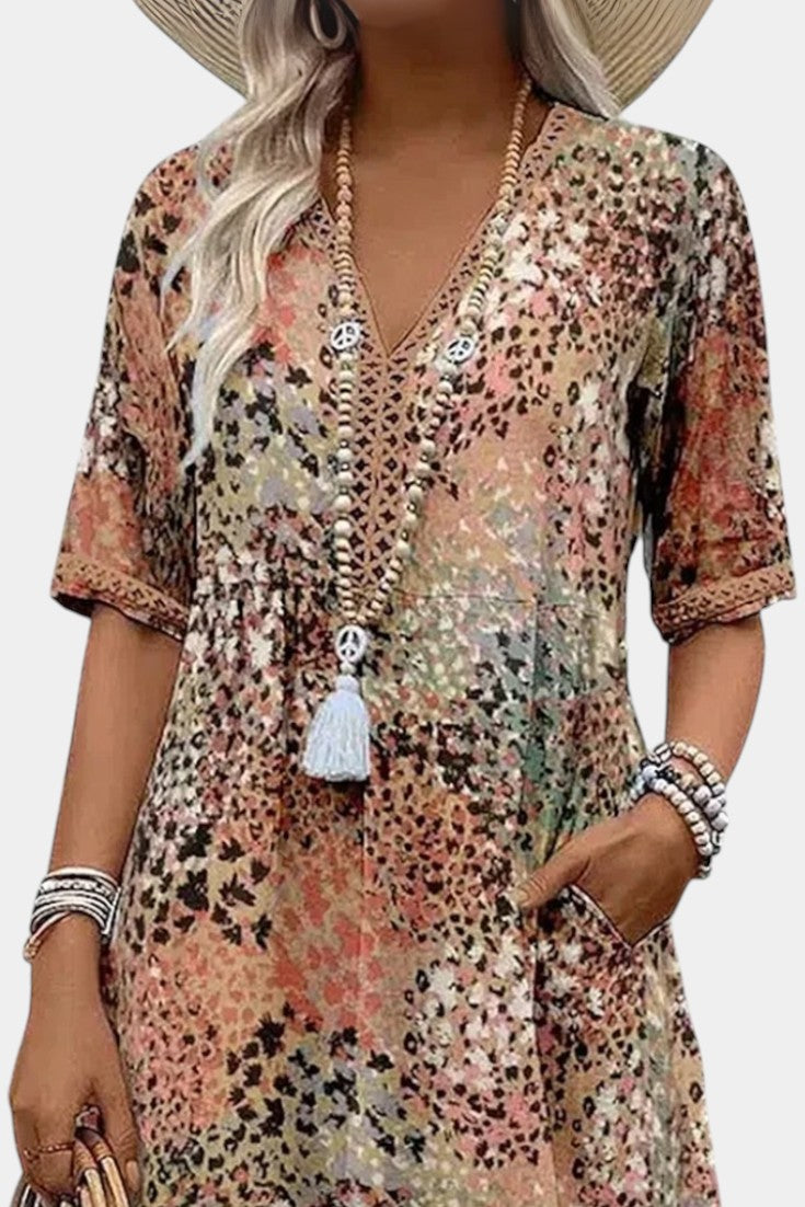 Boho Pearl Dress with Floral Print and Crochet Trim