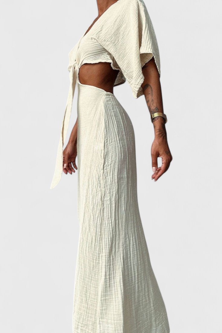 Myra Long Dress with Front Bow and Cut-Out Details