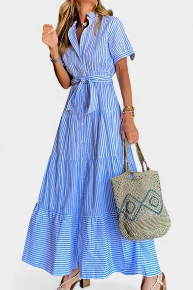 Maya Long Striped Shirt Dress with Belt