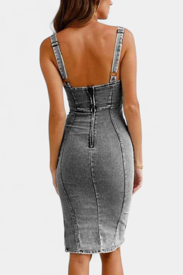 Janessa Denim Dress with Adjustable Straps and Front Slit