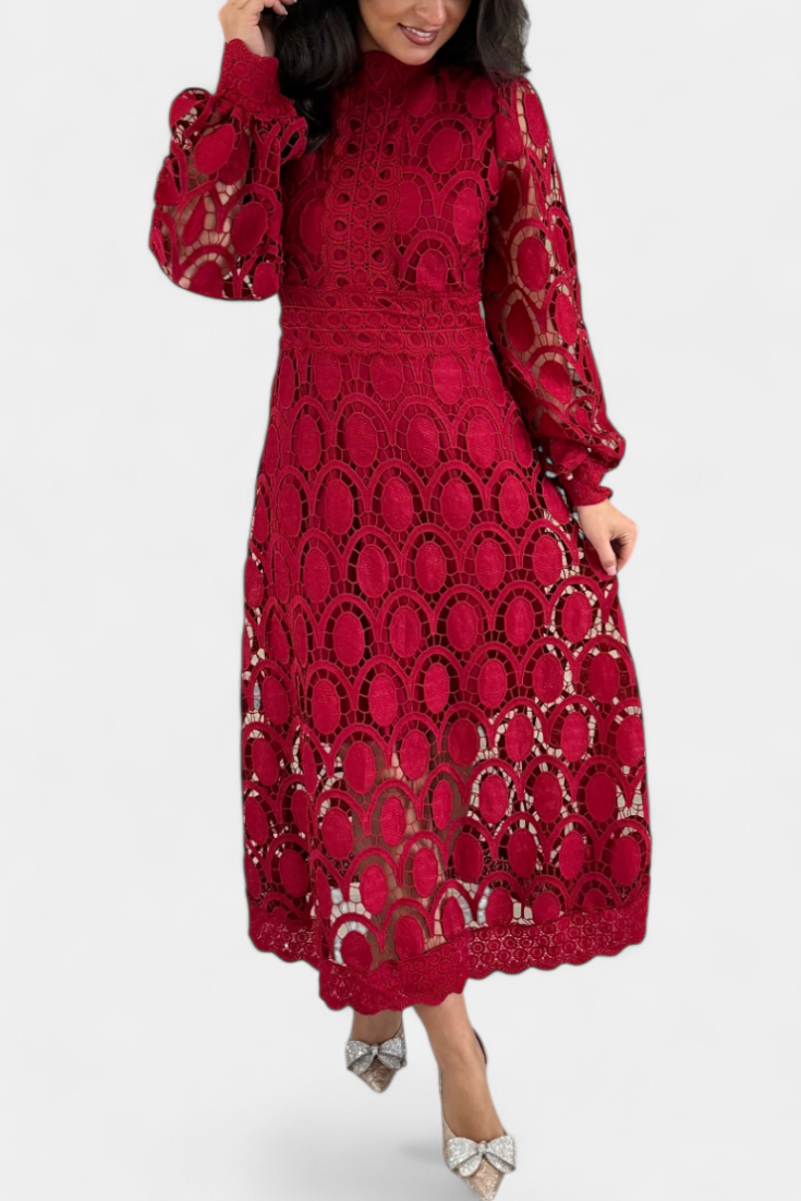 Jovie High Neck Embroidered Lace Midi Dress