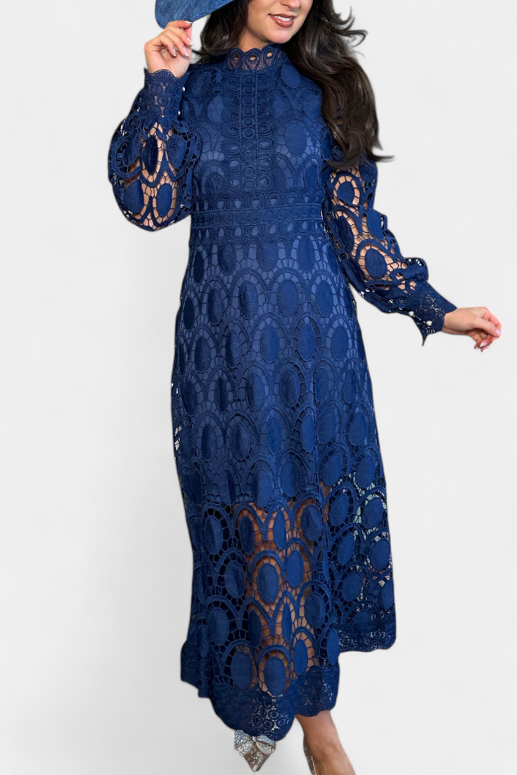 Jovie High Neck Embroidered Lace Midi Dress