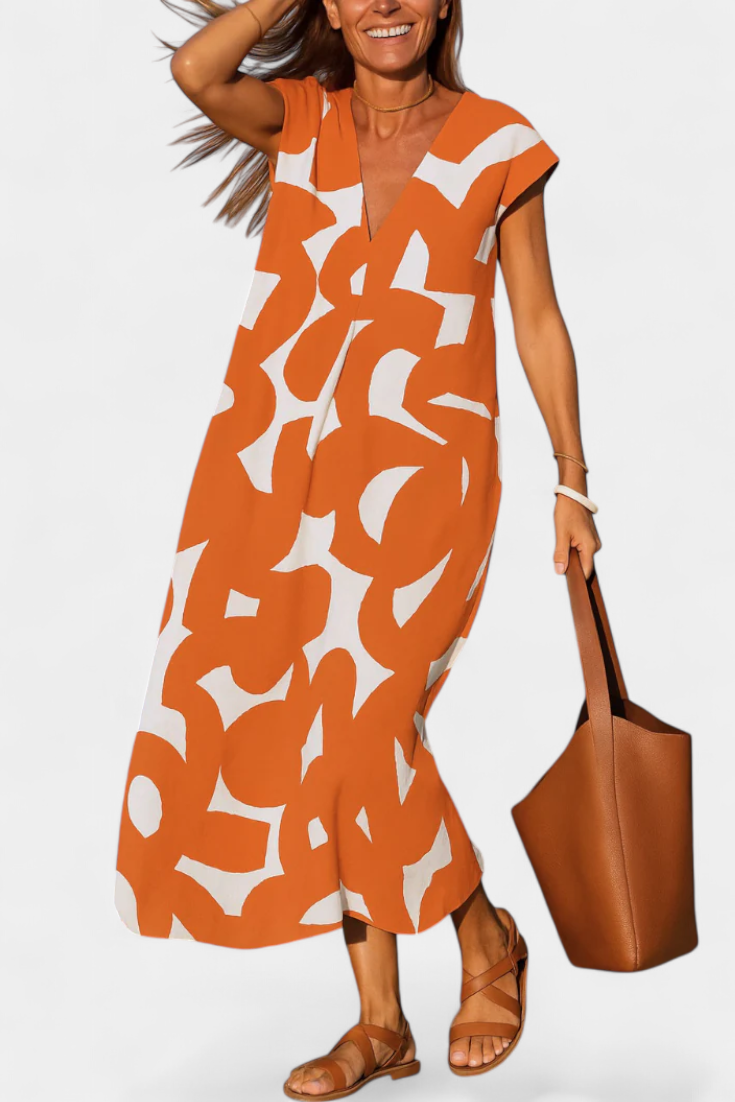 Asela Casual Dress with V-Neckline and Various Prints