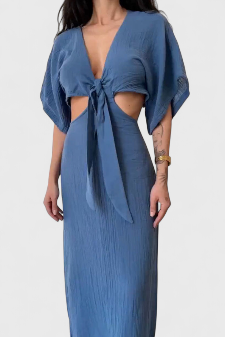 Myra Long Dress with Front Bow and Cut-Out Details