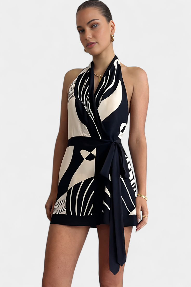 Fae Halter Short Dress with Abstract Print and Belt
