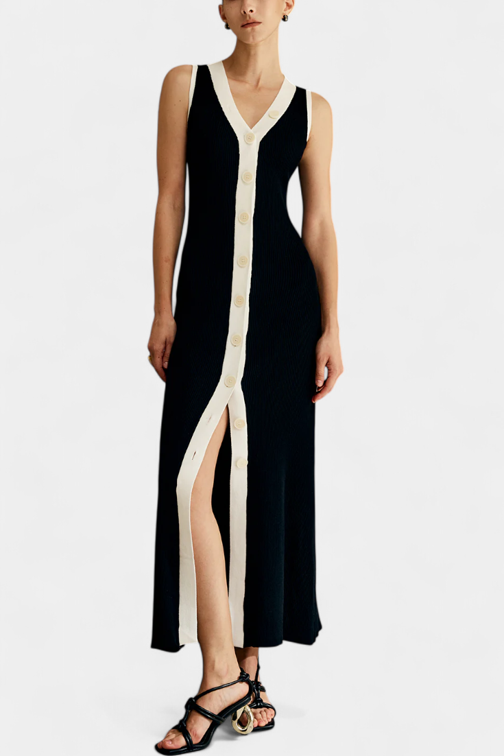 Brielle Sleeveless V-Neck Dress with Contrast Buttons