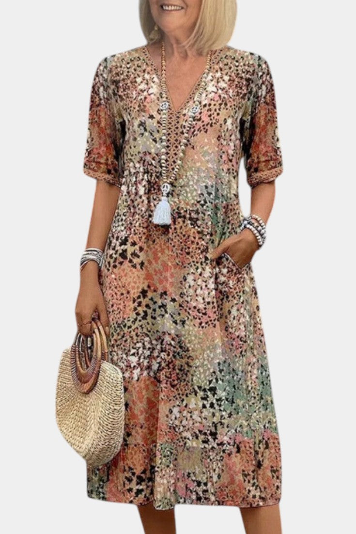 Boho Pearl Dress with Floral Print and Crochet Trim