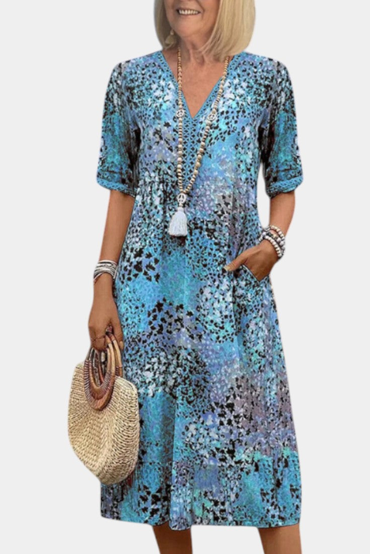 Boho Pearl Dress with Floral Print and Crochet Trim