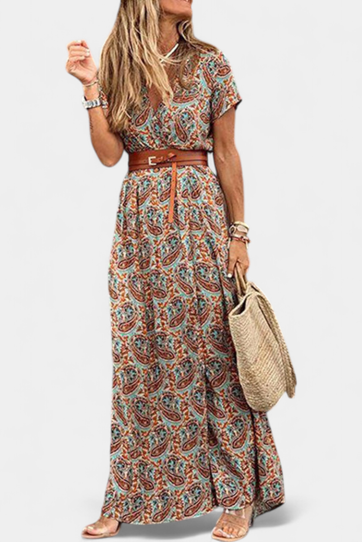 Anfisa Summer Boho Dress with Belt and V-Neckline