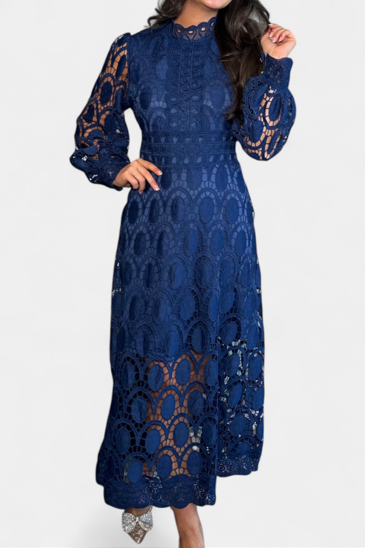 Jovie High Neck Embroidered Lace Midi Dress
